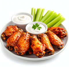Buffalo Wings Appetizer: Mouthwatering buffalo wings, perfect as an appetizer, are served on a white plate, paired with ranch sauce and crisp celery sticks.