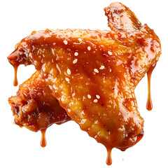 Delectable Chicken Wings: Close-up shot of two mouthwatering chicken wings, generously glazed with a shiny, glistening sauce and sprinkled with sesame seeds, set to evoke your appetite.