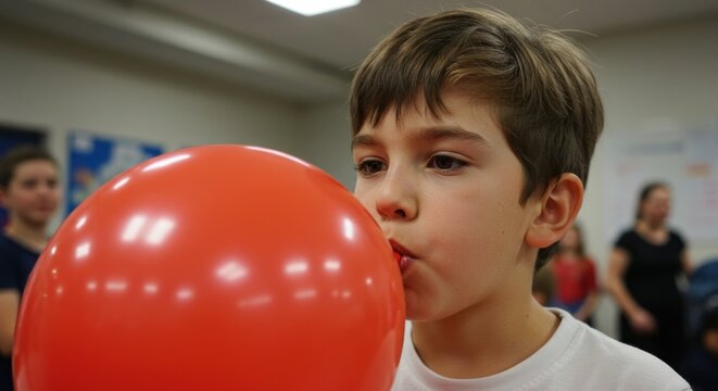 Young boy inflating a red balloon in a classroom filled with children and activities