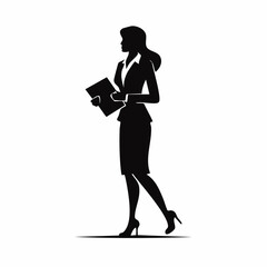 Clean black silhouette vector of a confident businesswoman walking with file in hand, professional, leadership, corporate, career woman, office, modern businesswoman