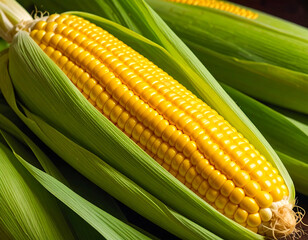 Fresh Corn on the Cob Vibrant Yellow Kernels, Lush Green Husks