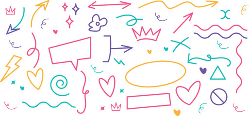 Set of hand drawn arrows, icons, hashtags. Social symbols.