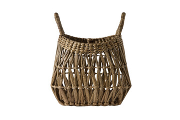 Set of woven wicker storage baskets with handles, natural rattan organizers for home decor, laundry, and storage solutions, isolated on transparent background.