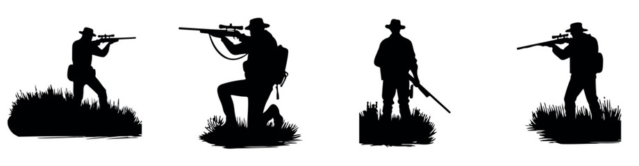 Hunter Silhouette with Sniper Rifle in Grassland, Hunter Aiming a Gun
Hunter is hunting black silhouette vector. Vector illustration