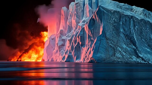 Dramatic Juxtaposition of Ice and Fire Featuring a Melting Glacier with Intense Flames Against a Dark Backdrop with Reflections in the Water