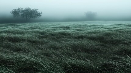 Misty Field, Lone Trees, Grass