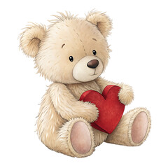 A cute, soft, brown teddy bear with a red heart sits isolated, a perfect cuddly toy or gift for childhood love