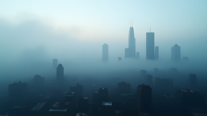Fototapeta premium Ethereal Cityscape: Skyscrapers Emerging from a Misty Urban Panorama