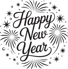 Obraz premium Elegant Calligraphy Style Happy New Year Typography – Black and White Vector, Stylish Calligraphy Happy New Year Text, Modern Script Happy New Year Greeting – Decorative Vector Illustration