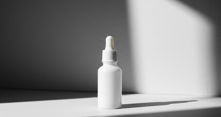 Minimalist cosmetic bottle scene with deep shadow and white wall backdrop, ideal for promoting facial serum, essential oil, or health product visuals.