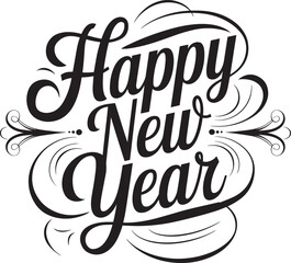 Naklejka premium Elegant Calligraphy Style Happy New Year Typography – Black and White Vector, Stylish Calligraphy Happy New Year Text, Modern Script Happy New Year Greeting – Decorative Vector Illustration