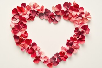 Obraz premium A border of red and pink paper hearts forming an empty heart shape on a white background, with space in the center for text or images.