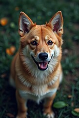 A spirited brown dog with a white chest sits alertly in a verdant backdrop, its tongue lolling out in a playful smile