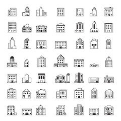 Collection of diverse building line icons cityscape architecture