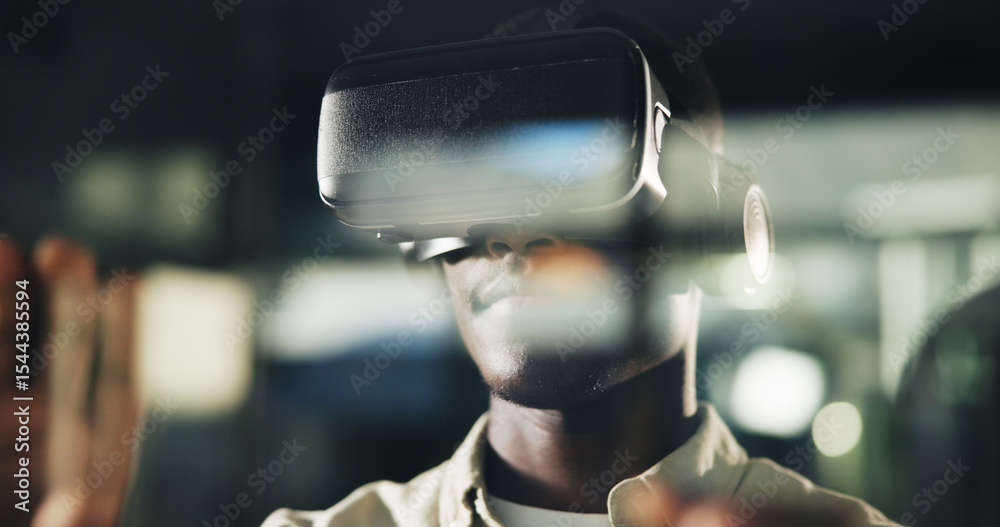 Aufkleber Night, black man and VR tech in office with interaction, user experience and design at window. Late work, reflection and employee with AR goggles for virtual editing, creativity or future application