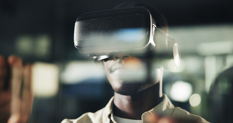 Night, black man and VR tech in office with interaction, user experience and design at window. Late...