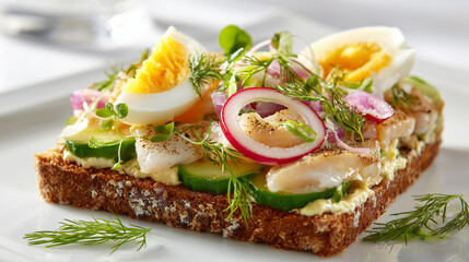 Danish smrrebrd open-faced sandwich with fish and egg