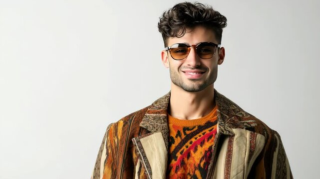 The man finishes adjusting his tinted sunglasses, settling them firmly on his face He then lowers his hand and looks at the camera with a cool, confident smirk