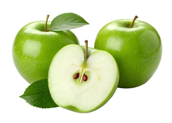 Green apple whole and halved isolated on transparent background