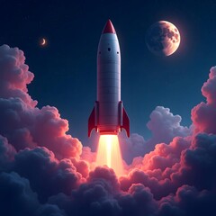 Retro rocket launching through vibrant pink and purple clouds at night, ascending towards a crescent moon and a large full moon in the starry
