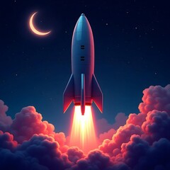 Fototapeta premium Retro rocket launching through vibrant pink and purple clouds at night, under a crescent moon and starry sky, representing innovation and dreams.