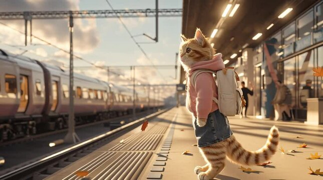 A cat character standing on train platform and wear dress suit