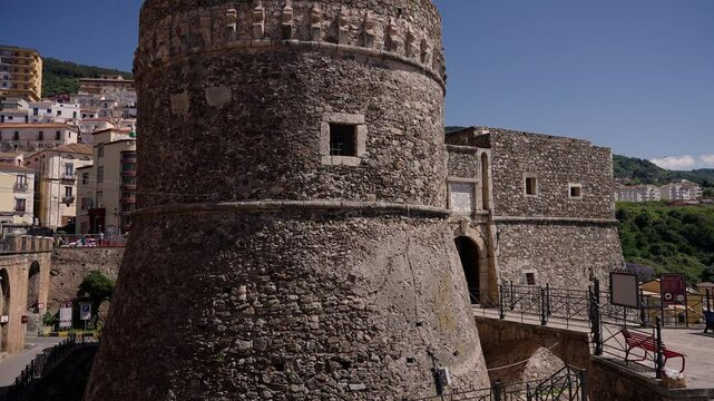 Ancient Murat Castle overlooking the charming town of Pizzo Calabro on a sunny day in Calabria, Southern Italy