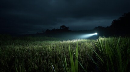 A flashlight illuminating a dark field under cloudy skies.
