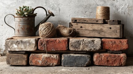 Rustic Garden Tools and Twine on Bricks