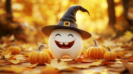A charming Halloween scene featuring a tooth wearing a witch's hat among pumpkins