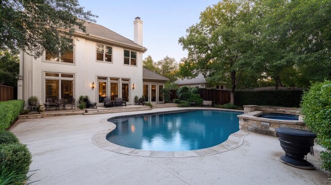 Exterior view of a modern home with a pool and patio area.  Evening light