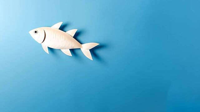 White paper fish model on blue background simple minimalist design illustration