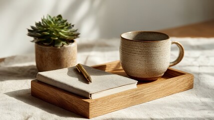 Sunlit Still Life with Coffee, Notebook, and Succulent