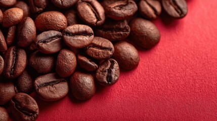 Naklejka premium Roasted Coffee Beans on Vibrant Red Background