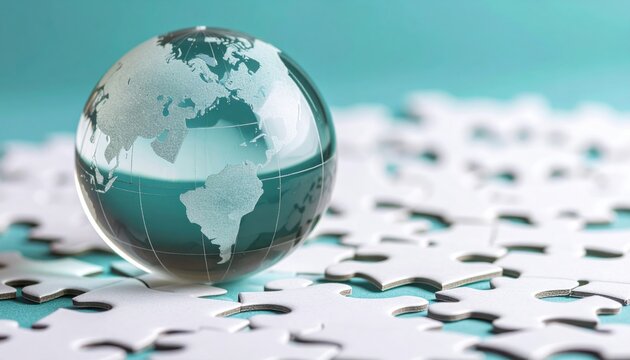 Glass globe representing Earth placed on white jigsaw puzzle pieces against a soft blue background symbolizing global unity and problem-solving concept - Powered by Adobe