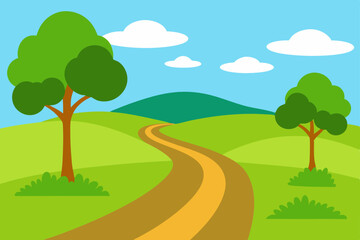 Obraz premium Winding Country Road Through Lush Green Hills and Trees A Serene Landscape Illustration