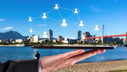 Person holding tablet displaying digital network connections and social interaction concept over city skyline in the background near water body