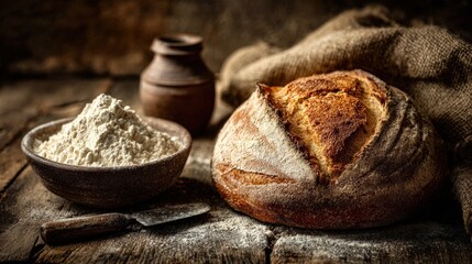 Fresh Baked Rustic Bread and Flour