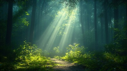 Sunlight streams through a misty forest (3)