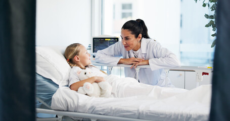 Healthcare, doctor and kid in bed for recovery, treatment update and teddy bear for comfort. Girl...