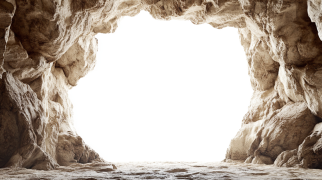 Large empty cave with natural textured stone walls on transparent background. PNG
