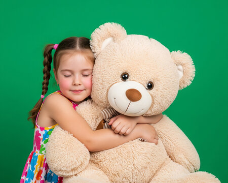 Girl hugging teddy bear with green screen background