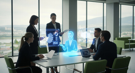 A diverse team collaborates in a futuristic office using advanced holographic technology for a virtual meeting, with interactive 3D data visualizations floating in the air. Future of work concept.