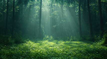 Obraz premium Sunlight streams through a misty forest