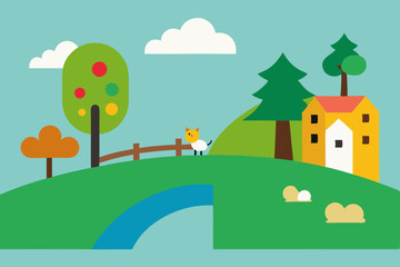 Fototapeta premium Charming Countryside Scene Cat on a Bridge, Hilltop House, and Lush Greenery