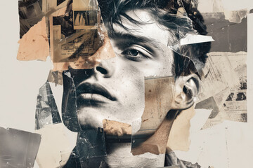 A man's face is cut out of a collage of newspaper clippings. The collage is a representation of the man's life, with each clipping representing a different moment or event
