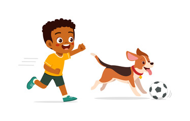 Happy African Boy and Dog Playing Soccer Together in Cartoon Illustration Style