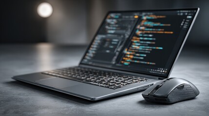 Laptop and Mouse with Code on Screen