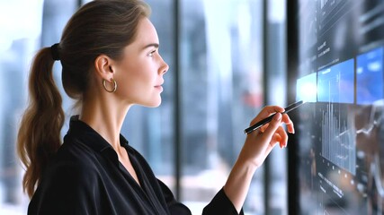Professional businesswoman analyzing financial graphs on digital display, showcasing data driven strategy within modern corporate environment - Powered by Adobe