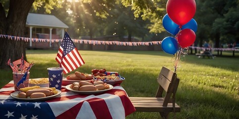 Patriotic decorations, traditional American food on a picnic table, American flags and balloons at sunset.